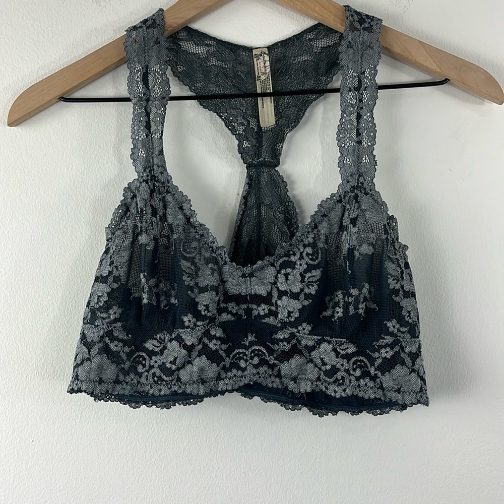 Free People Gallon Wild Roses Racerback Bra Blue Silver Lace Womens Size M